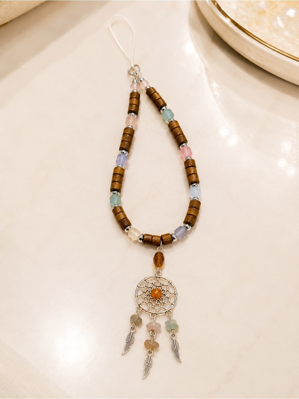 Cell Phone Charm Case Strap with Pastel Beads and Wood DREAM CATCHER